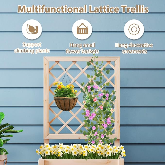 Giantex Raised Garden Bed with Trellis Wooden Elevated Planter Box for Climbing Plants Outdoor Garden Planter for Vegetables Flowers Herbs Patio Balcony Planting Box 23 x 14 x 40 Inch