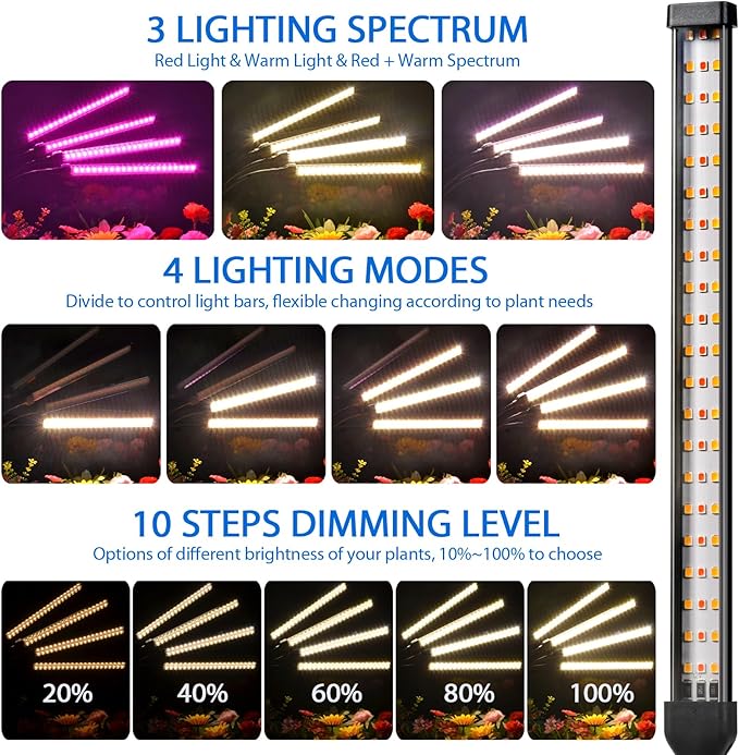 Grow Lights for Indoor Plants 4 in 1 Full Spectrum Plant Lights for Indoor Growing with Adjustable Brightness On/Off Switch and TimerPlant Grow Light liftable (4 in 1 Small)