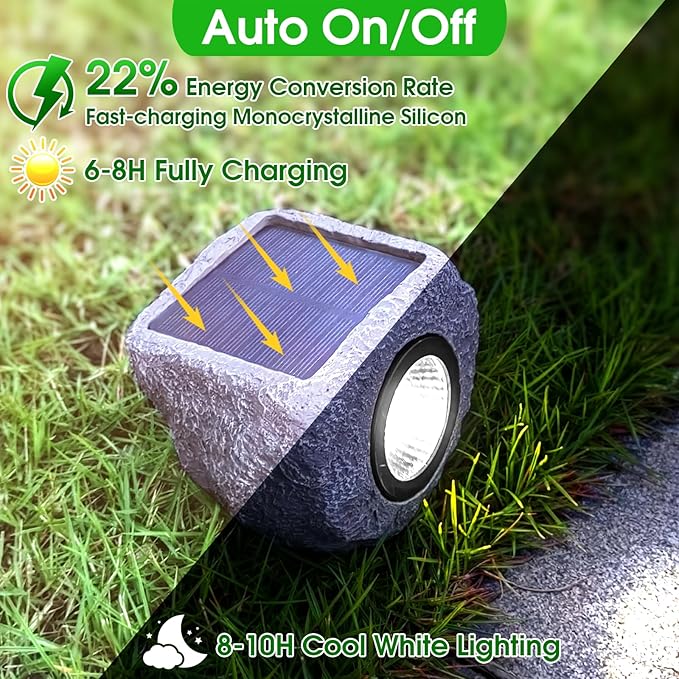 4 Pack Solar Garden Rock Lights Outdoor 20 LM Bright White Spotlights with Auto On/Off IP65 Waterproof 6000K Led Solar Powerd Landscape Stone Lights for Pathway Walkway Yard Patio