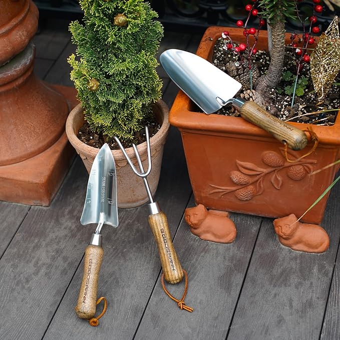 GOODSMANN Garden Tools Set 3 Piece Stainless Steel Gardening Kit Hand Trowel Marker Measurements Transplanter and Cultivator Garden Hand Shovel for Digging Weeding Planting Turning Soil