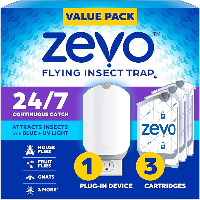 Zevo Flying Insect Trap &amp 3 Refill Cartridges - Plug in Fly Trap &amp Indoor Bug Catcher for Gnats House &amp Fruit Flies - Blue &amp UV Light Technology Mess-Free Alternative to Bug Zapper