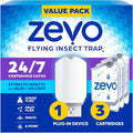 Zevo Flying Insect Trap &amp 3 Refill Cartridges - Plug in Fly Trap &amp Indoor Bug Catcher for Gnats House &amp Fruit Flies - Blue &amp UV Light Technology Mess-Free Alternative to Bug Zapper