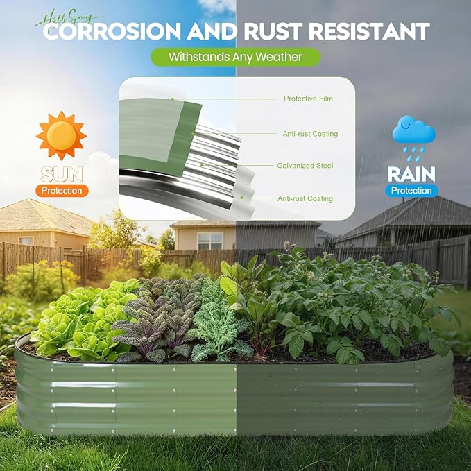 ZORMY Galvanized Raised Garden Bed 1 Pack 8x2x1ft Oval Metal Planter Box Outdoor with Support Rods &amp Corner Protection Planter Beds for Vegetables Fruits Flowers (OliveGreen)
