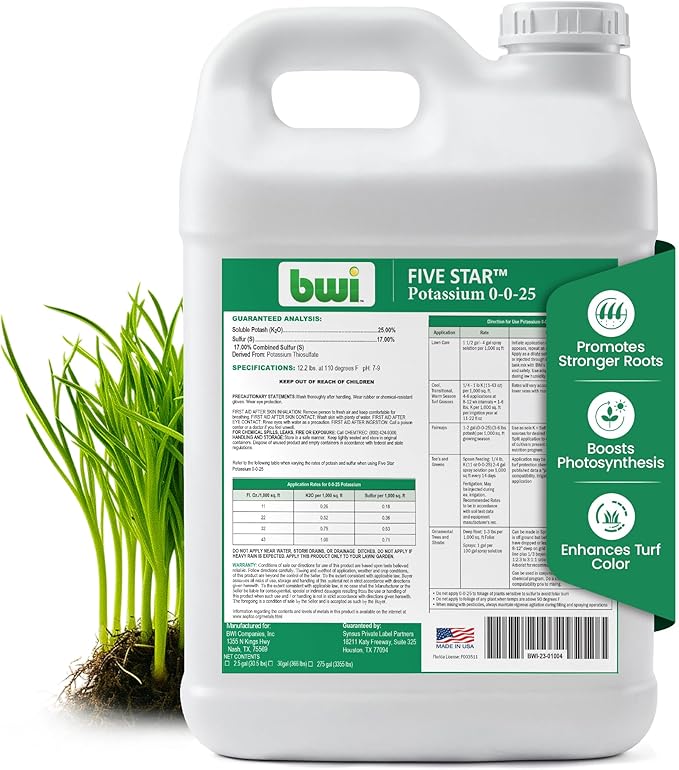 Five Star Turf Liquid Potassium Fertilizer 0-0-25 KTS for Stress Tolerance Foliar &amp Root Uptake - No Chlorides Low Salt Index with Fast-Acting Potassium for Turf Lawns &amp Sports Fields - 2.5