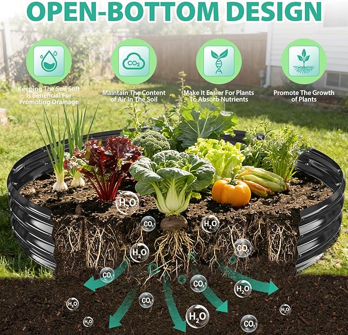 6FT Diameter Galvanized Garden Raised Bed/Plant Box/Fire Pit Ring-0.8mm Thick12 Inch TallCrimped Edge and CornerNo SharpePerfect for Plantings (Black 72 Dia X 12 inches)