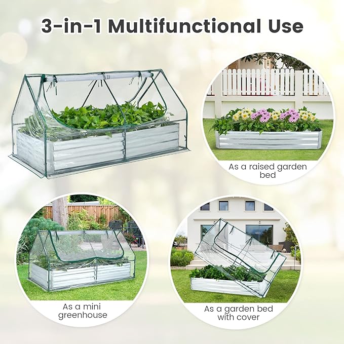 Giantex Galvanized Steel Raised Garden Bed with Mini Greenhouse Outdoor Metal Planter Box Kit with Large Roll-up PVC Cover 71x 35.5x 36 Planter Raised Bed for Growing Flower Herb Vegetable Fruit