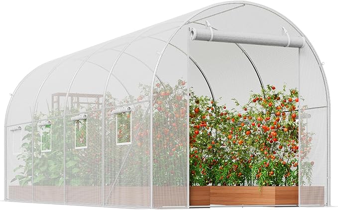 VEVOR Walk-in Tunnel Greenhouse 14.6x6.4x6.3 ft Hoop House Greenhouse Tunnel Plant Hot House with Galvanized Steel Frame White PE Cover Roll-up Zipper Door and 8 Windows for Outdoor