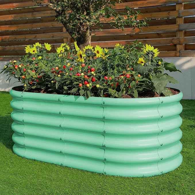 Land Guard 18“ Tall 4×2ft Galvanized Raised Garden Bed Kit Galvanized Planter Garden Boxes Outdoor Oval Large Metal Raised Garden Bed for Vegetables……… (Lime Green 4×2×1.5ft)