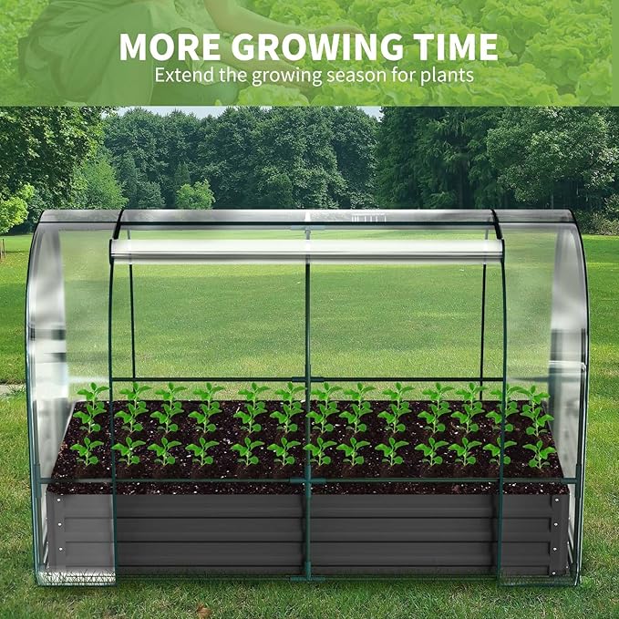 DoCred Galvanized Raised Garden Bed with PVC Cover 72.8 x 37.4 x 47.2 Metal Planter Bottomless Box w/ Roll-Up Window Mini Greenhouse Tent for Outdoor Growing Vegetables Flower Fruit