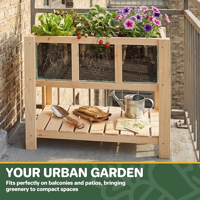 Raised Garden Bed for Small Balcony 28.3''x16.3''x23.6'' Wood Planter Box with Transparent Window Drainage Holes Storage Shelf Garden Beds Flower Stand Patio Kitchen Gift for Gardening