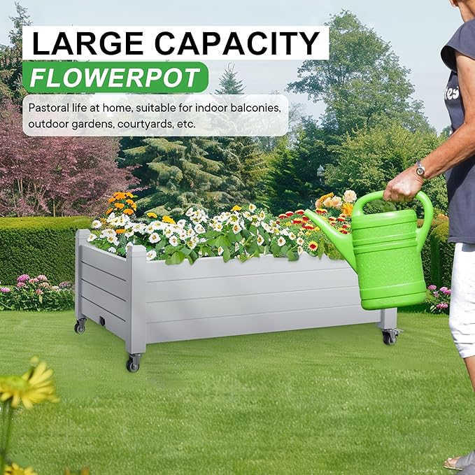 Elevated Raised Garden Bed with Wheels Outdoor Large Resin Patio Planter Box Stand Divisible with Drain PlugWater Monitor for Plants Vegetables Flowers Fruits(Ashen)