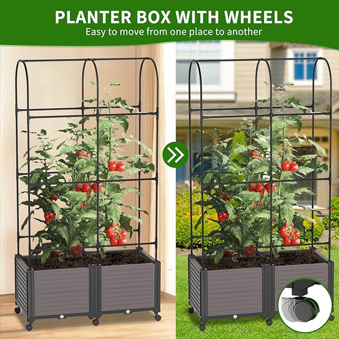 Raised Garden Bed Outdoor Planter Box with Trellis and Wheels Tomato Planter Cage with Trellis Indoor Outdoor Patio Self Watering Planters for Climbing Plants Vegetable Flowers