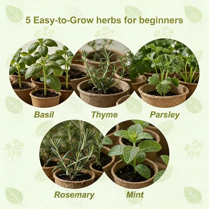 5 Herb Garden Kit with Wooden Box - Including Basil Thyme Parsley Rosemary Mint - Windowsill Herb Garden for Kitchen Gardening Gifts for Mom Women Men Gift Ideas for Birthday Housewarming