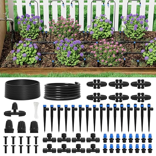 2026 Upgrade 256FT Quick-Connect Drip Irrigation System Kit with 1/4” &amp 1/2” Fast-Lock Tubing Adjustable Emitters &amp Sprinklers for Garden &amp Greenhouse
