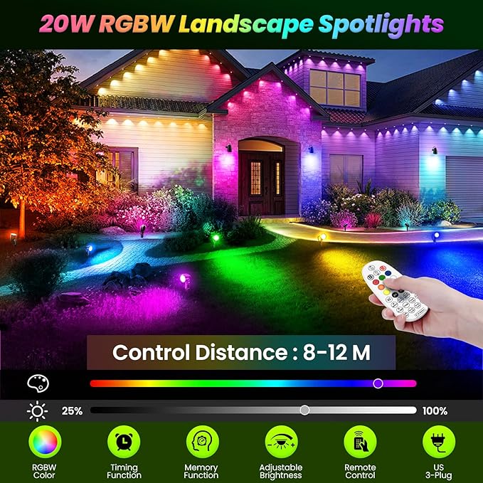 ZZXX 20W RGB Outdoor Spotlight Halloween 120V Color Changing Landscape Lights Waterproof LED Multicoloured Spotlights Dimmable Timer Memory Function with US 3-Plug in (2 Pack)