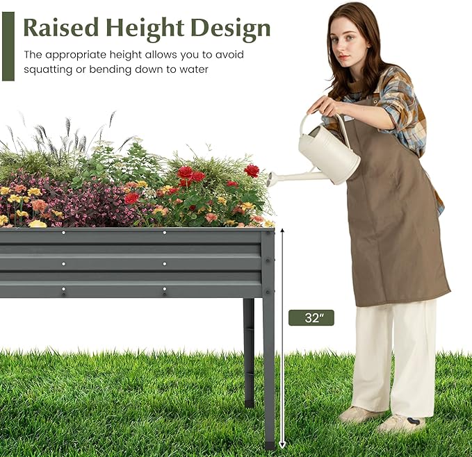 HAPPYGRILL Raised Garden Bed Galvanized Garden Box with Legs Drainage Holes 2 Gloves Outdoor Planter Box for Garden Backyard &amp Patio 46”x 24” x 32” Grey