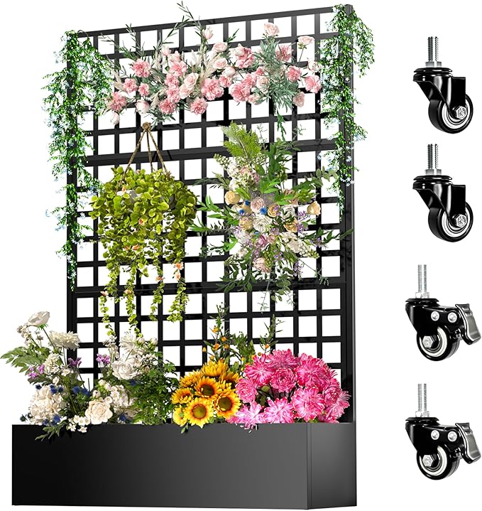 Metal Planter Box with Trellis72x47x16Galvanized Steel Outdoor Raised Garden Bed with Privacy Screenwith Drainage Holes &amp Lockable Casters for Climbing PlantsVegetablesand Vines.(Grid-Black