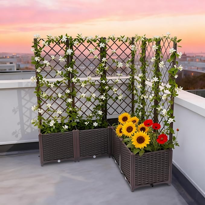 5 Pcs Plastic Plant Box with Metal TrellisRaised Garden Bed with Trellis for Climbing PlantPlanter Box for Backyard Patio Balcony(47.24 * 47.24 * 55.91inBrown)