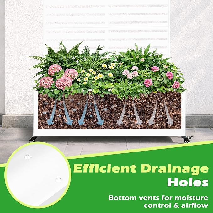Metal Planter Box with Trellis 43” L x 16” W x 71” H Raised Garden Bed with Wheels Privacy Planters for Patio Metal Planter Box with Drainage Holes White