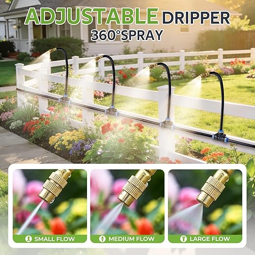 HIRALIY 360° Adjustable Drip Irrigation System 165FT 1/4 Tubing with Adjustable Copper Nozzles Automatic Atomizing Watering Kit for Garden Yard Lawn Greenhouse &amp Potted Plants