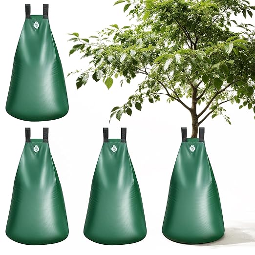 HIRALIY 20 Gallon Tree Watering Bag 4 Pack Slow Release 1-5 Days Deep Root &amp Automatic Drip Irrigation System for Multi-Trunk Newly Planted Small Trees and Shrubs