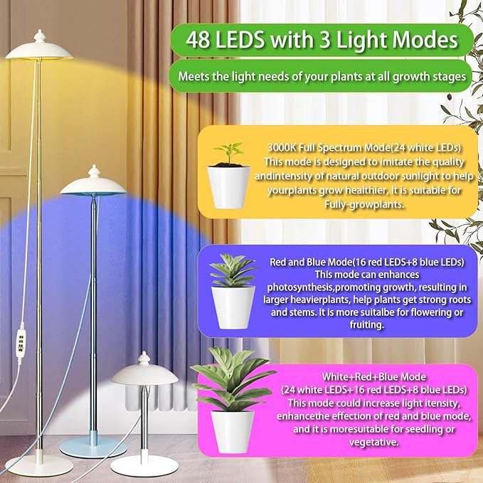 LED Floor Grow Lights for Indoor Plants Corner Stand Full Spectrum Plant Growing Lamp 10 Dimmable Levels Auto 3/6/9/12H Timer Grow Light Height Adjustable for Large Tall Plants (Have Base)