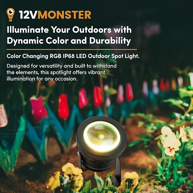12Vmonster Color Changing RGB IP68 LED Outdoor Spot Light – 12V 10W Waterproof Garden Lighting – Multicolor Landscape Lighting for Yard Pathway and Lawn (Pack of 2)