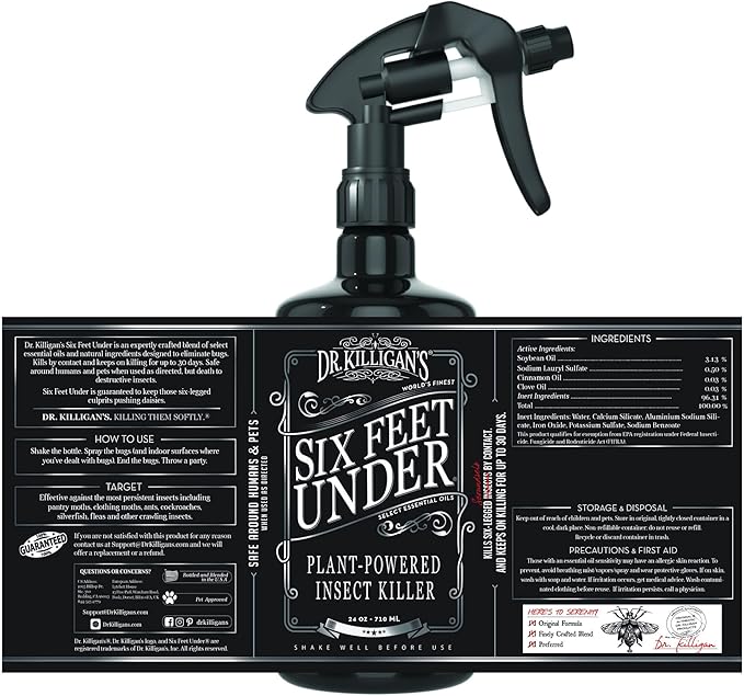 Dr. Killigan's Six Feet Under Plant Powered Insect Killer Spray | Indoor Natural Pest Control | Fleas Pantry &amp Clothing Moths Ants &amp Cockroaches | Family Friendly Pet Safe (24 oz)