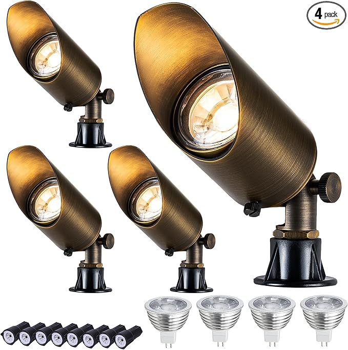LumStory Brass Low Voltage Landscape Spotlight 12V Bronze Waterproof Shroud Adjustable Outdoor Landscape Lighting with MR16 LED Bulb 5W 3000K 4-Pack