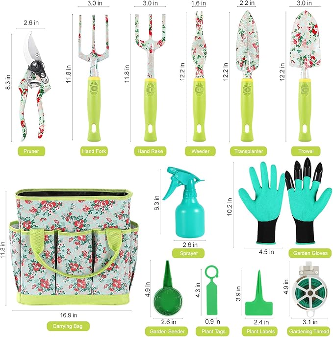 Gardening Tool Set - 13 PCS Heavy Duty Aluminum Gardening Tools Kit Floral Print Garden Tool Set with Non-Slip Rubber Handle &amp Durable Storage Tote Bag Gardening Supplies Gifts for Women Men