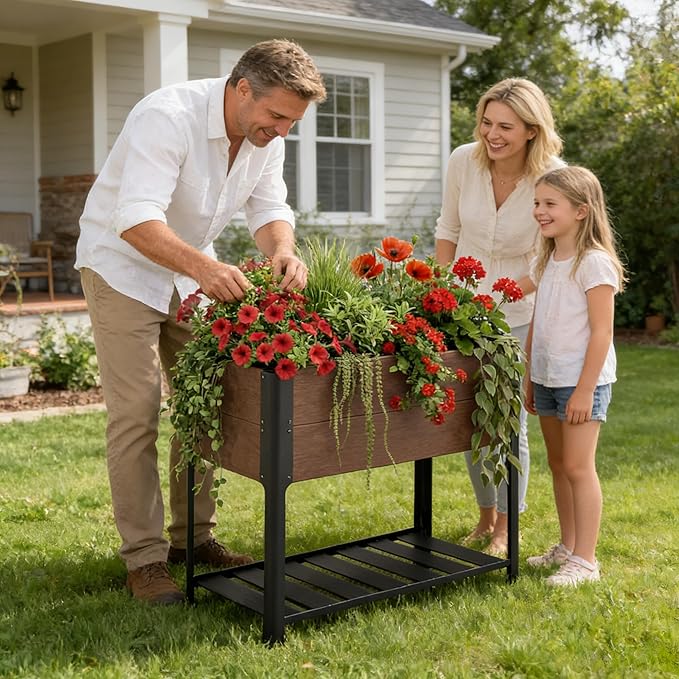 42 l x 33h HDPE Elevated Garden Bed with Storage Shelf - Wood Grain Finish All-Weather Standing Planter Box with Sturdy Black Aluminum Frame for Vegetables Herbs on Patio Balcony &amp Outdoors