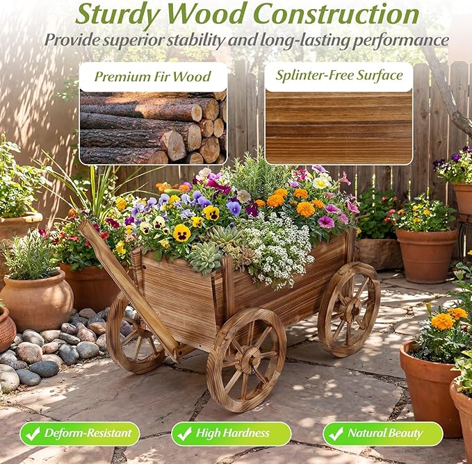 HAPPYGRILL Wood Wagon Wheelbarrow Planter Outdoor Rolling Garden Planter Cart with 4 Wheels Drainage Hole &amp Adjustable Handle Decorative Wagon Flower Pot Stand for Home Backyard Patio(1)