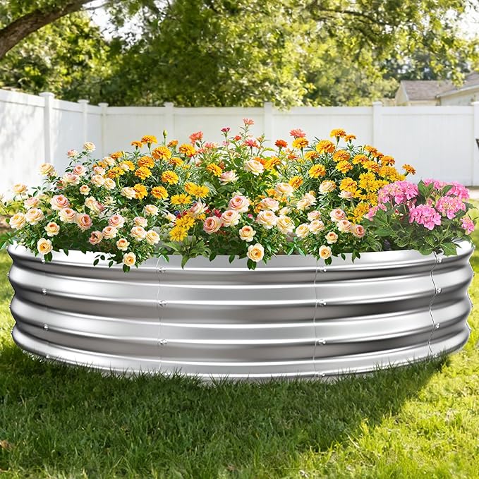 12 Inch Tall Heavy-Duty Round Steel Rised Garden Bed – Wave-Shaped Design Galvanized Metal Planter Box for Vegetables Flowers Succulent at Patio/Garden Outdoor (Silver 60 Diameter)