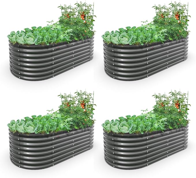 A ANLEOLIFE 6X3X2 ft Galvanized Raised Garden Beds Outdoor-4 Pack Oval Large Metal Deep Root Planter Box for Planting Vegetables Flowers Herb Anti-Rust &amp Easy-Setup Quartz Grey
