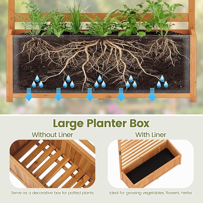 BECOMFORT 59”H Raised Garden Bed with Trellis Tall Fir Wood Planter Box with Liner &amp Drainage Gaps for Climbing Plants Vegetables &amp Flowers Outdoor Privacy Planters for Patio Balcony Yard