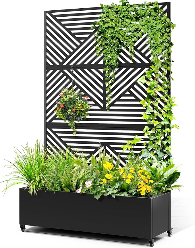 Metal Raised Garden Bed with Trellis 2-in-1 Planter Box &amp Privacy Screen for Climbing Plants Outdoor Standing Flower Bed with Drainage Holes 47.2 L x 16.7 W x 70.8 H Black-Zodiac