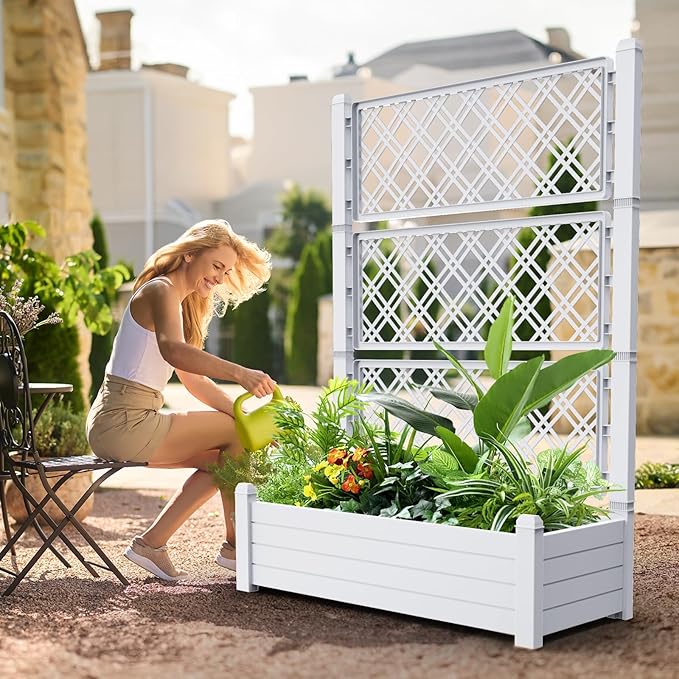 EasyUp Raised Garden Bed with Trellis for Climbing Plants Outdoor Herb Planter Box with Drainage Plug &amp Water Gauge Durable Resin for Patio Balcony Yard Dust-Proof Garden Planter