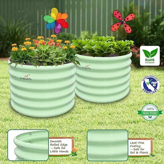 A ANLEOLIFE Kids Mini Raised Garden Beds Outdoor (4-Pack)-24x24x18in Round Galvanized Metal Planter Box for Planting Vegetables Flowers Fruits Eco-Safe &amp Easy Setup Mint Green