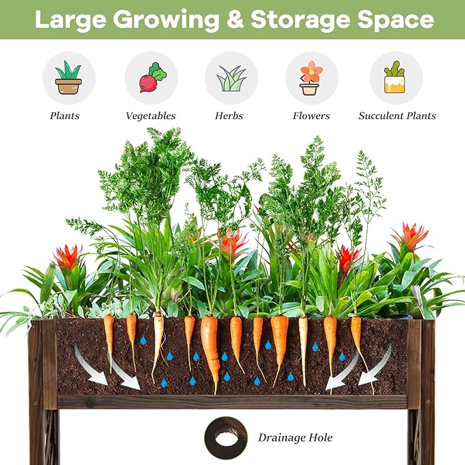 S AFSTAR 2-Tier Raised Garden Bed Indoor Outdoor Flower Bed with Bottom Shelf Fence 35.5” H Wood Elevated Planter Box for Vegetable Flower Herb Succulent Ideal for Patio Balcony Backyard