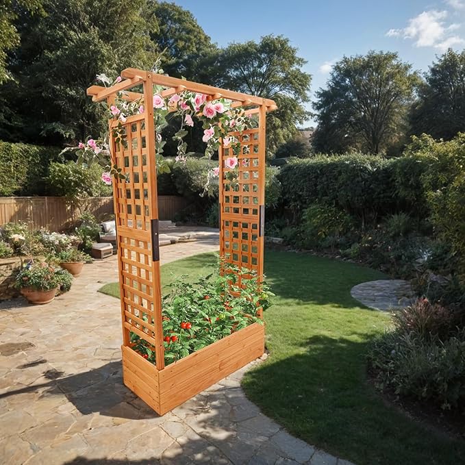 Raised Garden Bed with Wood Trellis Outdoor Planter Box for Tomatoes Climbing Vegetables Herbs Flowers Patio Pots Hanging Roof &amp 2 Drainage Holes 66.1 Inch Tall (Orange)