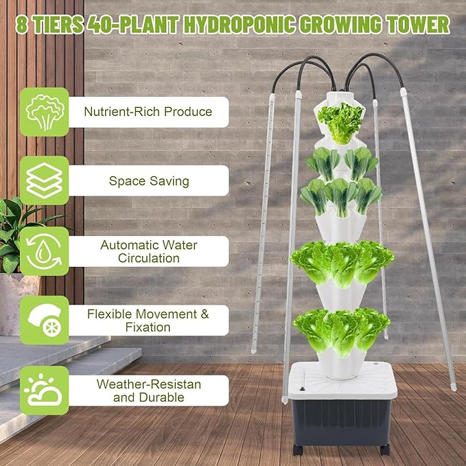 Vertical Hydroponic Tower Garden Kit - 40 Plant Indoor Growing System with LED Grow Lights 8-Tier Planter on Wheels Smart Timer for Herbs Fruits and Vegetables