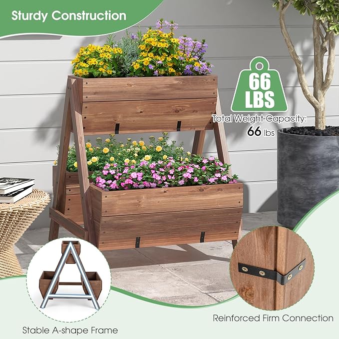 Moccha Vertical Raised Garden Bed 3 Fir Wood Planter Boxes for Flowers Vegetables Herbs Freestanding Flower Bed with Drainage Holes Elevated Garden Planter for Indoor Outdoor (26 x 29 x 29)