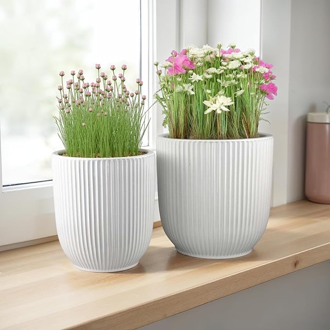 Accent Planter Set of 2 White Ceramic Vertical Ribbed Texture