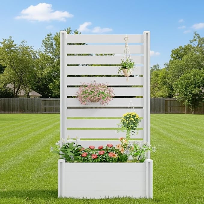 Casaphoria Raised Garden Bed with Trellis 71x35x24 Planter Box with Open Bottom for Gardening Vegetables &amp Vines and Climbing Plants White
