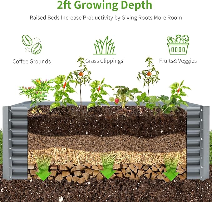 Land Guard 2 Pack 6×3×2 ft Galvanized Metal Raised Garden Bed 2FT Deep Root Elevated Planter Box Steel Large Vegetable Flower Bed Kit Modern Grey