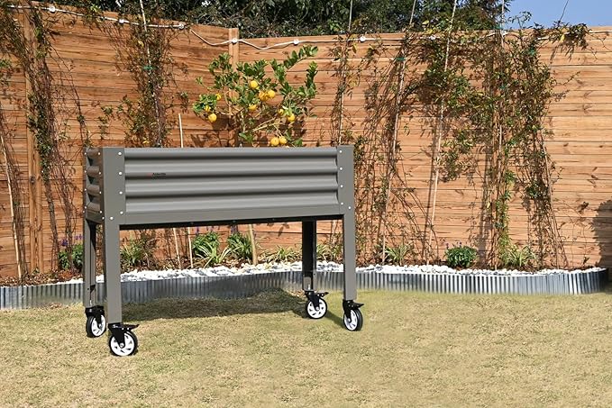 A ANLEOLIFE Elevated Raised Garden Bed with Lockable Wheels 48x18x35 in Galvanized Steel Planter Box with Legs Waist-High Design Reinforced Frame for Balcony Patio &amp Porch Quartz Grey