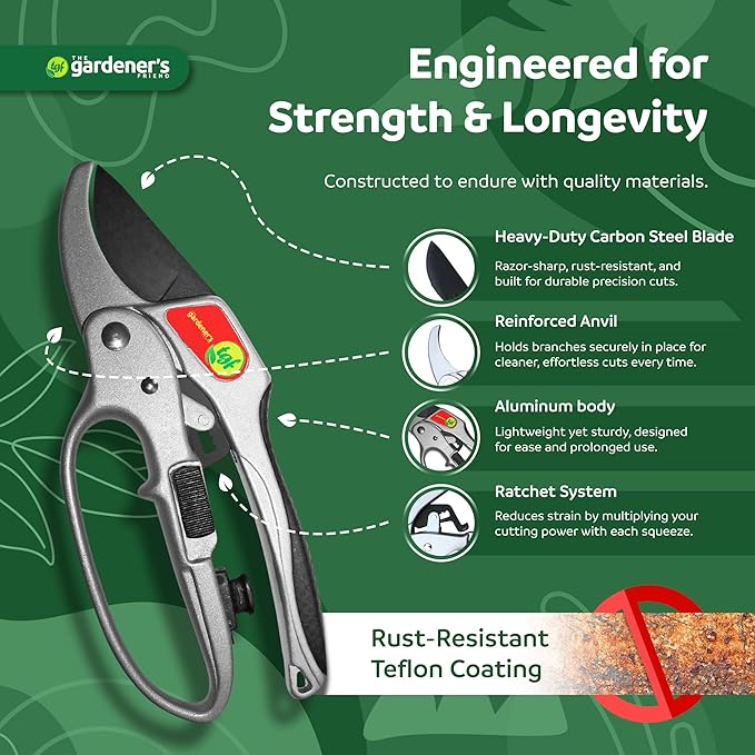 Ratchet Pruning Shears Gardening Tool – Anvil Pruner with Assisted Action – Ratcheting Pruners for with Heavy Duty Nonstick Steel Blade – Garden Tools by The Gardener's Friend