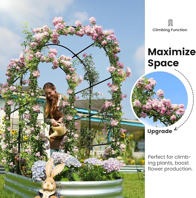KING BIRD Raised Garden Bed with Arched Trellis Galvanized Planter Garden Box Outdoor for Gardening Climbing Vegetables Flowers 5.9x2.95x0.98 Ft Silver