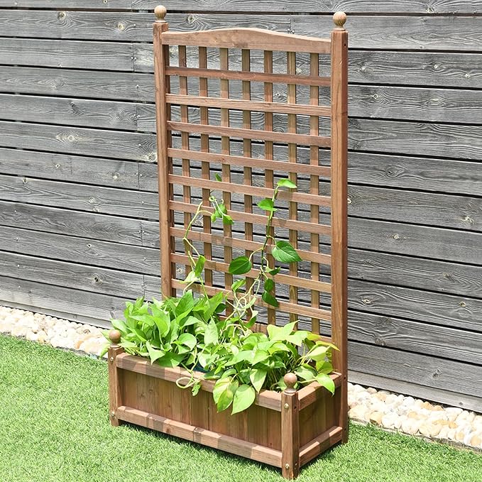 Raised Garden Bed with Trellis 25 x 11 x 48 Inch Wood Planter Box w/Drainage Holes Freestanding Planter for Climbing Plants Flowers Vines Outdoor Patio Yard Balcony
