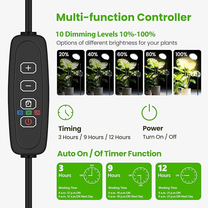 20W Full Spectrum Grow Light for Indoor Plants 63in Adjustable Floor Lamp with Gooseneck 4000K Natural Sunlike Light 3/9/12H Auto On/Off Timer 10-Level Dimmable for Tall Small Plants
